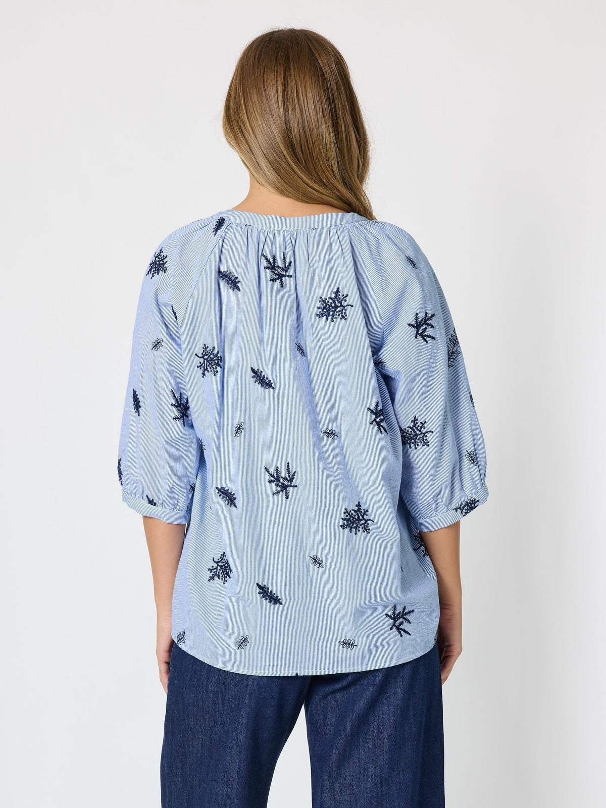 BOTANICA EMBROIDERED FLORAL SHIRT - NAVY/WHITE_by_THREADZ_women's_in_New Zealand_ BACK _
