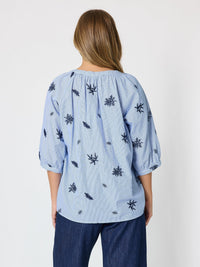 BOTANICA EMBROIDERED FLORAL SHIRT - NAVY/WHITE_by_THREADZ_women's_in_New Zealand_ BACK _