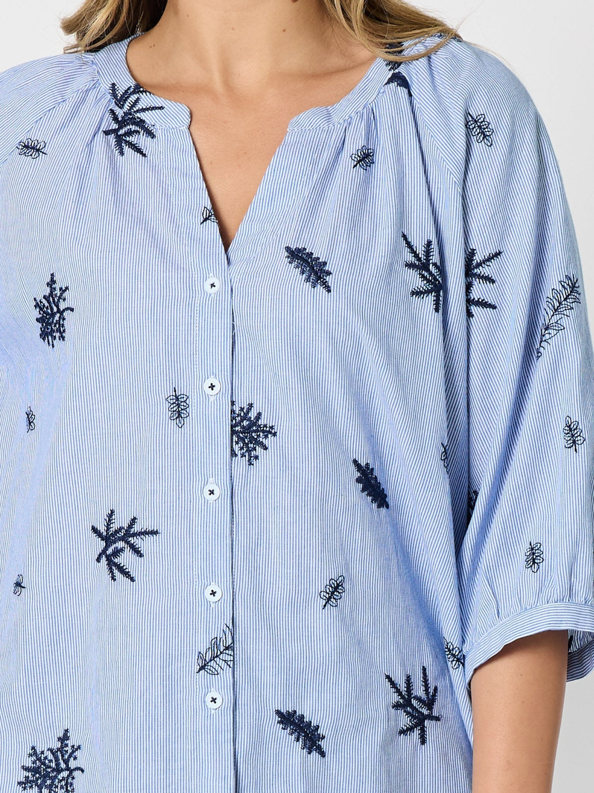 BOTANICA EMBROIDERED FLORAL SHIRT - NAVY/WHITE_by_THREADZ_women's_in_New Zealand_ DETAIL _
