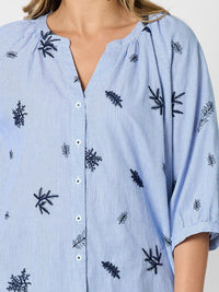 BOTANICA EMBROIDERED FLORAL SHIRT - NAVY/WHITE_by_THREADZ_women's_in_New Zealand_ DETAIL _