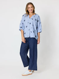 BOTANICA EMBROIDERED FLORAL SHIRT - NAVY/WHITE_by_THREADZ_women's_in_New Zealand_ MODEL _
