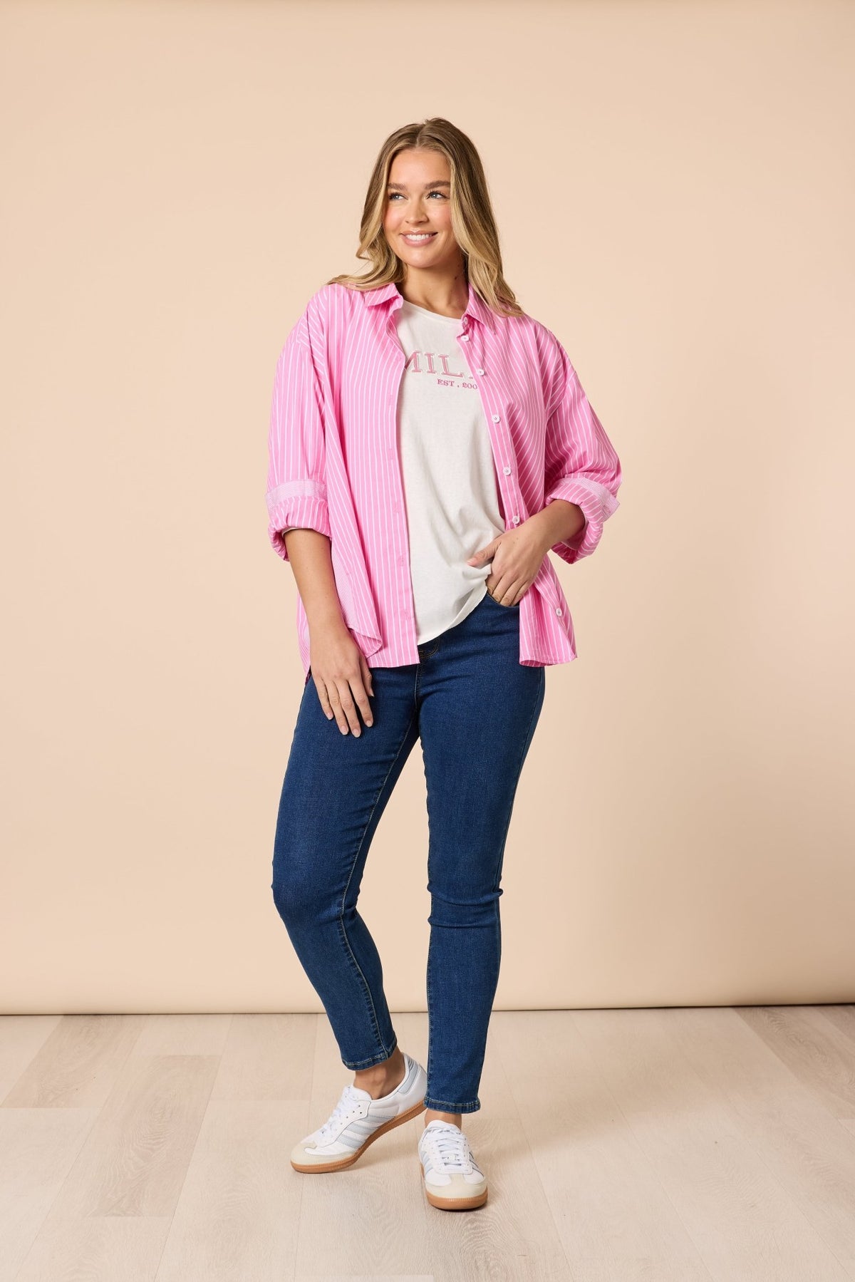 THREADZ_CABO STRIPE SHIRT PINK / WHITE _ CABO STRIPE SHIRT PINK / WHITE _ Ebony Boutique NZ