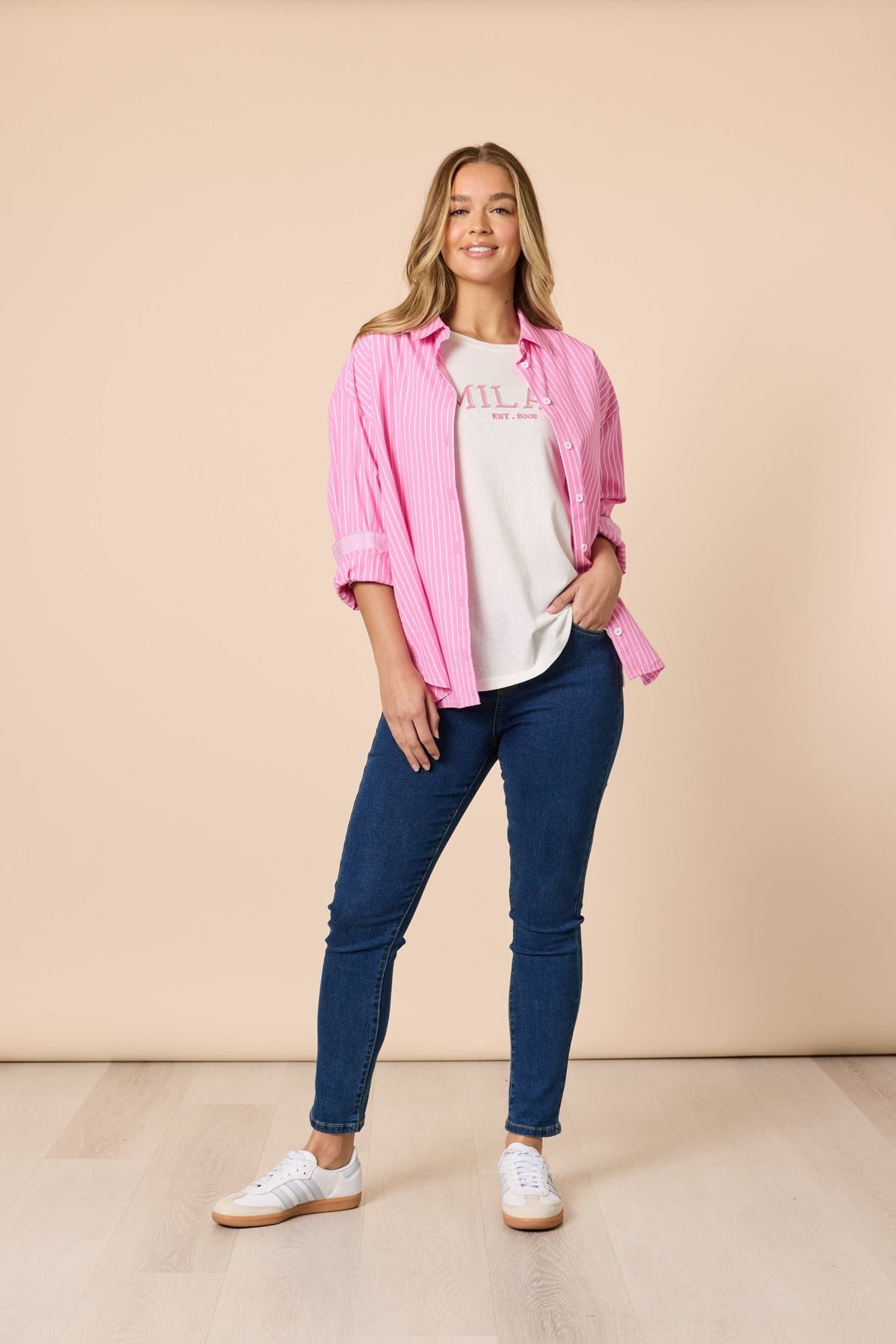 THREADZ_CABO STRIPE SHIRT PINK / WHITE _ CABO STRIPE SHIRT PINK / WHITE _ Ebony Boutique NZ