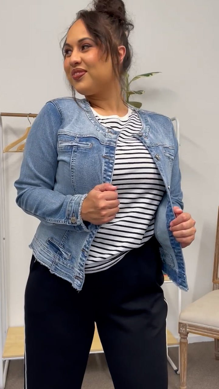 THREADZ_COLLARLESS DENIM JACKET DENIM _ COLLARLESS DENIM JACKET DENIM _ Ebony Boutique NZ