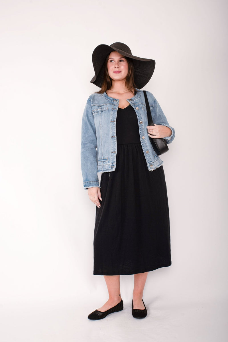 THREADZ_COLLARLESS DENIM JACKET DENIM _ COLLARLESS DENIM JACKET DENIM _ Ebony Boutique NZ