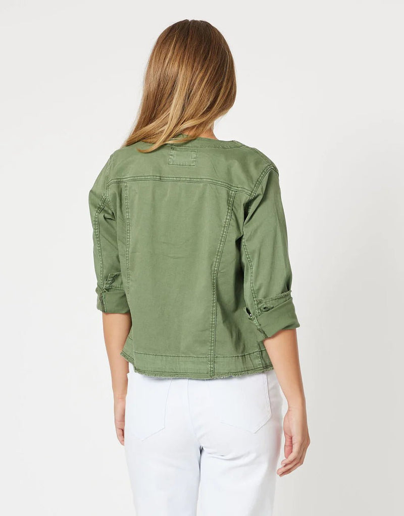 ★E.B.M★ Collarless Jacket EMP3WJK030 Threadz | Collarless Denim Jacket | Khaki | Women's Clothing