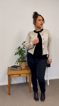 THREADZ_COLLARLESS DENIM JACKET NATURAL _ COLLARLESS DENIM JACKET NATURAL _ Ebony Boutique NZ