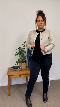 THREADZ_COLLARLESS DENIM JACKET NATURAL _ COLLARLESS DENIM JACKET NATURAL _ Ebony Boutique NZ