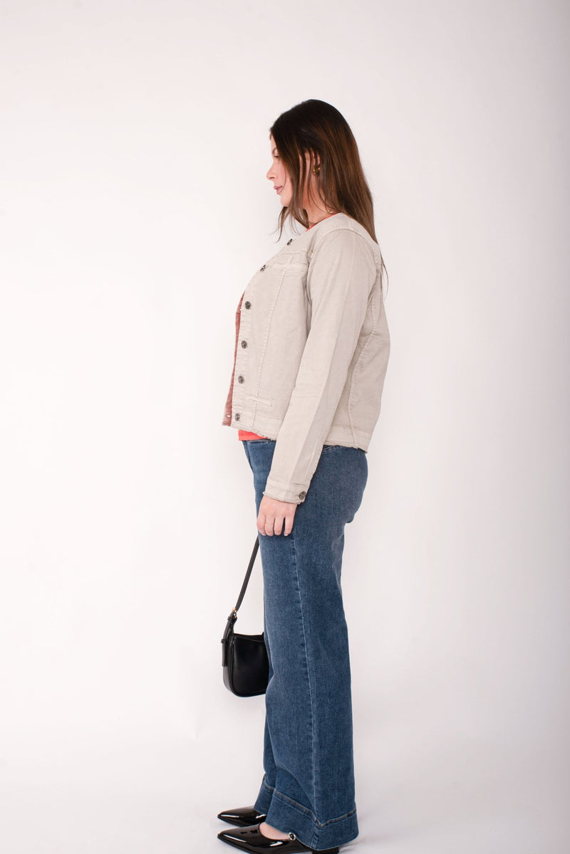 THREADZ_COLLARLESS DENIM JACKET NATURAL _ COLLARLESS DENIM JACKET NATURAL _ Ebony Boutique NZ