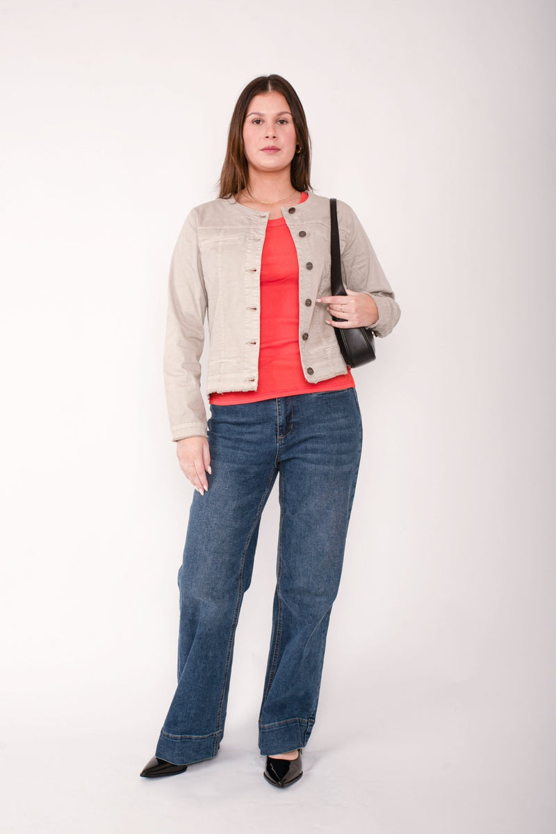 THREADZ_COLLARLESS DENIM JACKET NATURAL _ COLLARLESS DENIM JACKET NATURAL _ Ebony Boutique NZ