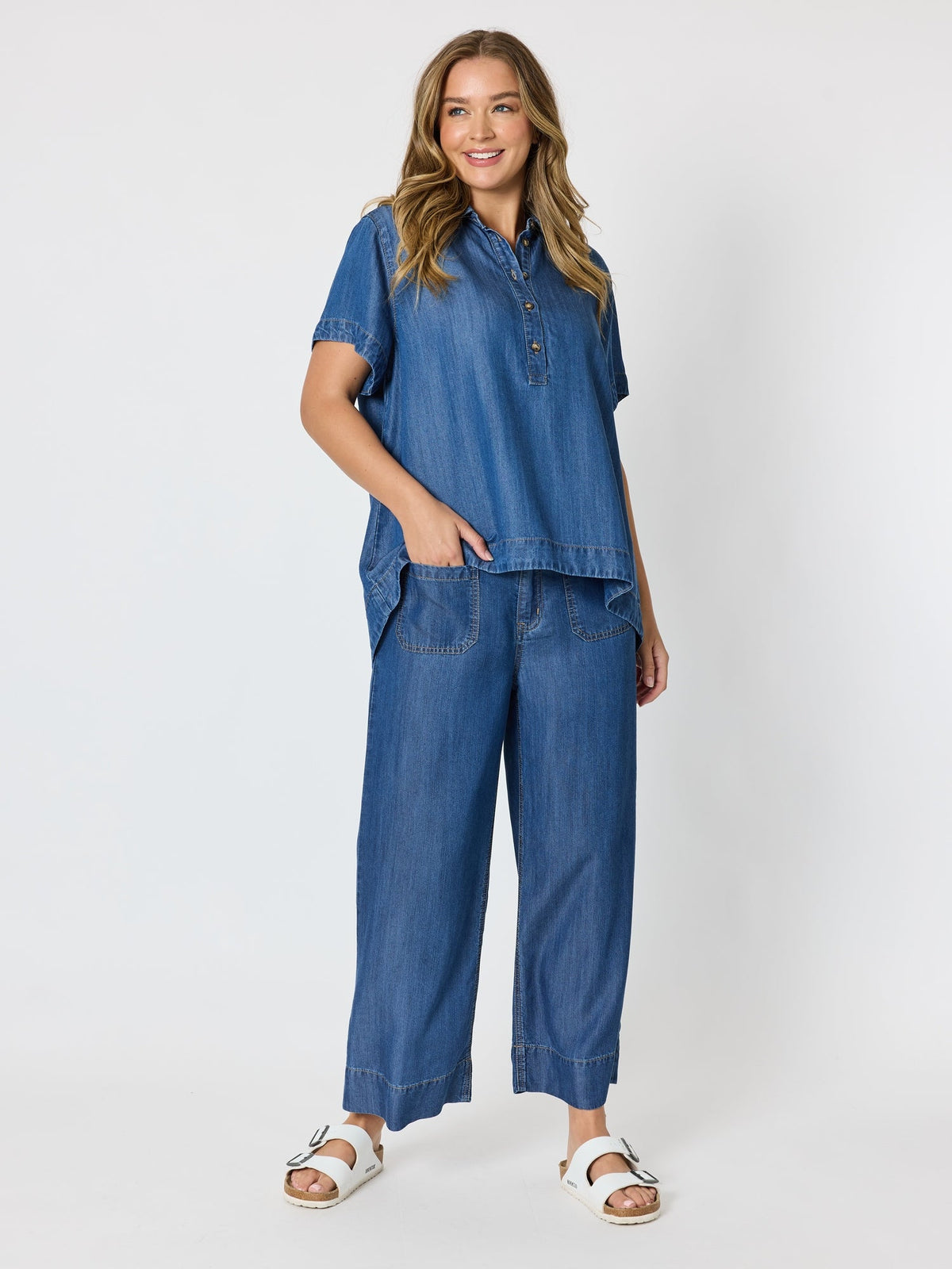 DUNE DENIM TOP DARK DENIM_by_THREADZ_women's_in_New Zealand_ ANGLE _