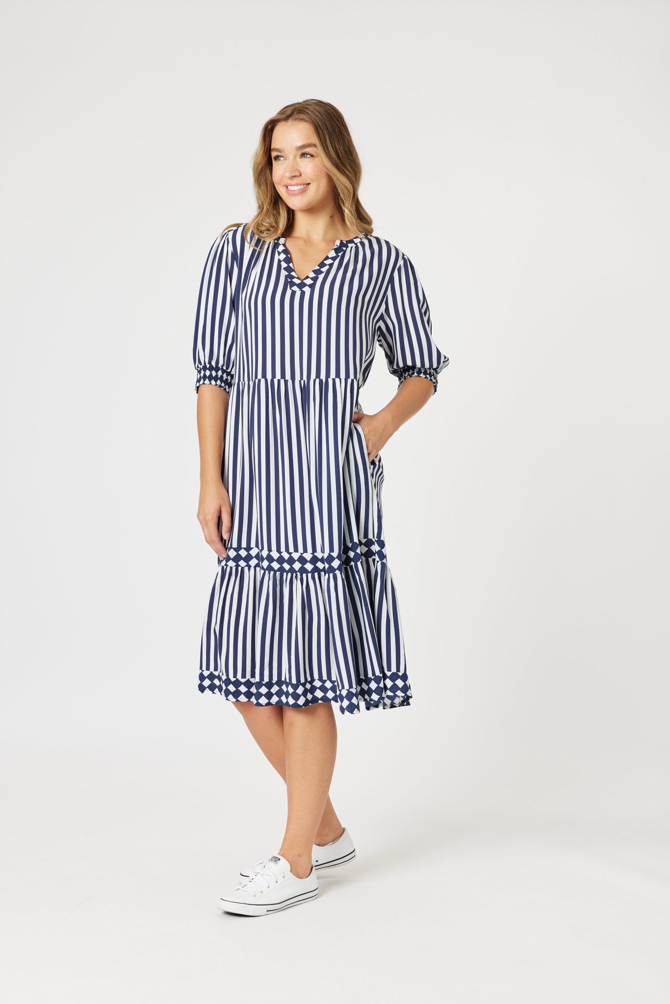 Threadz Harlequin Stripe Tier Dress Navy White Midi | Ebony