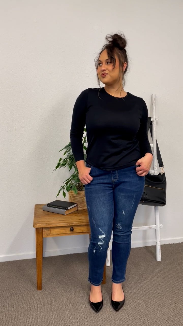 THREADZ_LA PULL ON DISTRESSED JEAN DARK DENIM _ LA PULL ON DISTRESSED JEAN DARK DENIM _ Ebony Boutique NZ