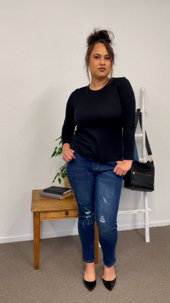 THREADZ_LA PULL ON DISTRESSED JEAN DARK DENIM _ LA PULL ON DISTRESSED JEAN DARK DENIM _ Ebony Boutique NZ