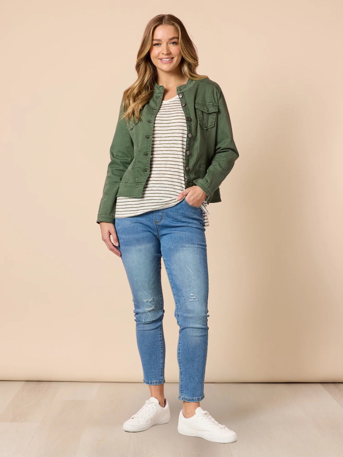 MAGGIE DENIM JACKET KHAKI_by_THREADZ_women's_in_New Zealand_ MAGGIE DENIM JACKET KHAKI _