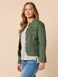 MAGGIE DENIM JACKET KHAKI_by_THREADZ_women's_in_New Zealand_ MAGGIE DENIM JACKET KHAKI _