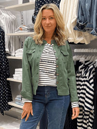 MAGGIE DENIM JACKET KHAKI_by_THREADZ_women's_in_New Zealand_ MAGGIE DENIM JACKET KHAKI _