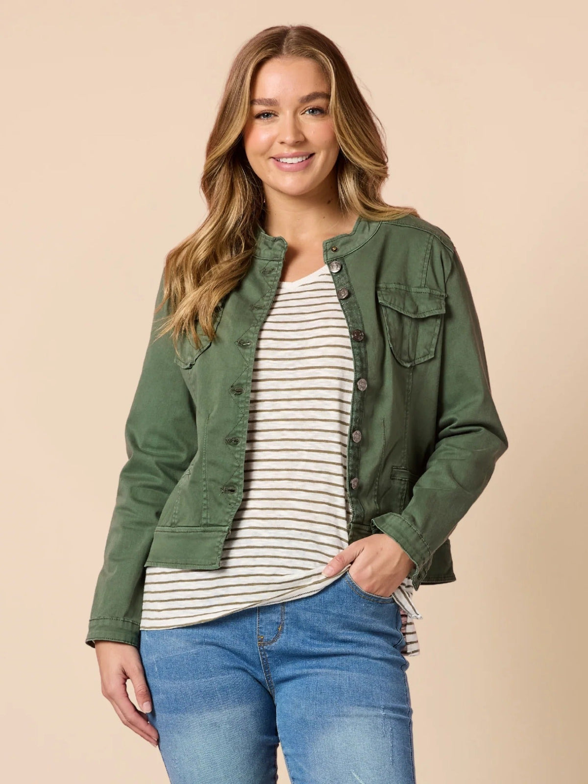 MAGGIE DENIM JACKET KHAKI_by_THREADZ_women's_in_New Zealand_ MAGGIE DENIM JACKET KHAKI _