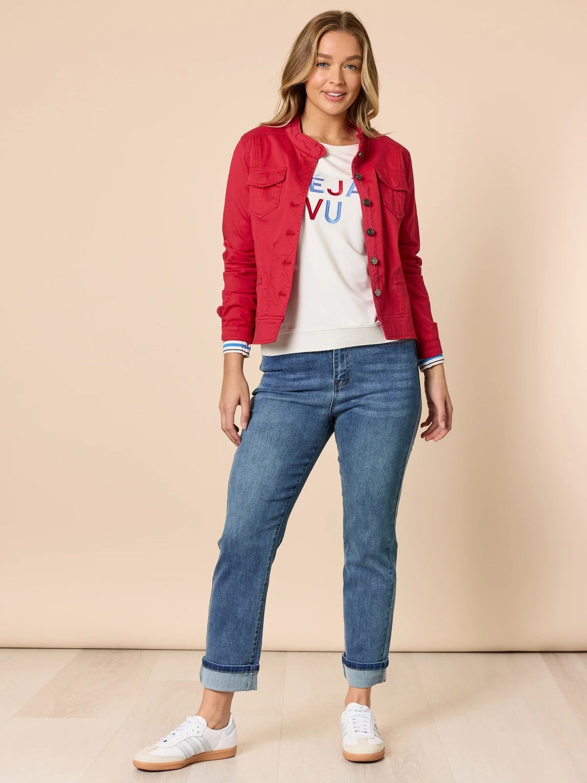 MAGGIE DENIM JACKET RED_by_THREADZ_women's_in_New Zealand_ MAGGIE DENIM JACKET RED _