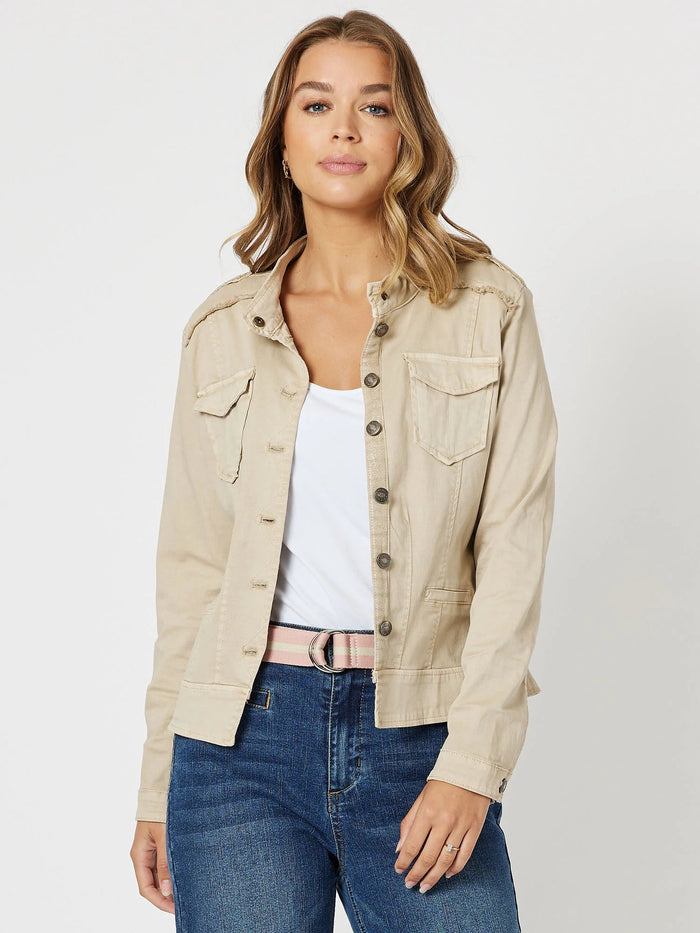 Threadz military denim jacket natural front view – women’s structured jacket NZ