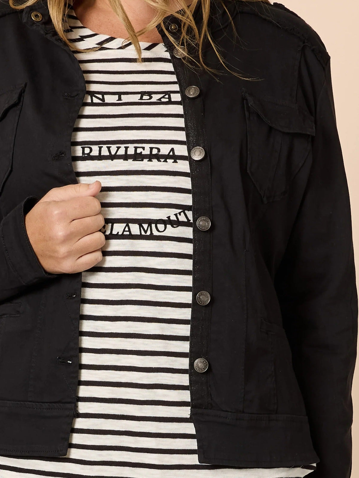 MILITARY DENIM JACKET BLACK_by_THREADZ_women's_in_New Zealand_ MILITARY DENIM JACKET BLACK _