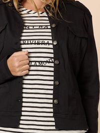 MILITARY DENIM JACKET BLACK_by_THREADZ_women's_in_New Zealand_ MILITARY DENIM JACKET BLACK _