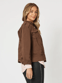 THREADZ_MILITARY DENIM JACKET CHOCOLATE _ MILITARY DENIM JACKET CHOCOLATE _ Ebony Boutique NZ