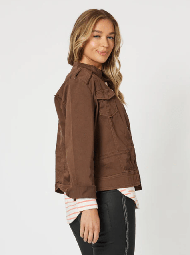 THREADZ_MILITARY DENIM JACKET CHOCOLATE _ MILITARY DENIM JACKET CHOCOLATE _ Ebony Boutique NZ