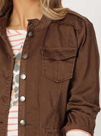 THREADZ_MILITARY DENIM JACKET CHOCOLATE _ MILITARY DENIM JACKET CHOCOLATE _ Ebony Boutique NZ