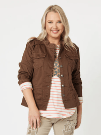 THREADZ_MILITARY DENIM JACKET CHOCOLATE _ MILITARY DENIM JACKET CHOCOLATE _ Ebony Boutique NZ
