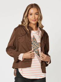 THREADZ_MILITARY DENIM JACKET CHOCOLATE _ MILITARY DENIM JACKET CHOCOLATE _ Ebony Boutique NZ