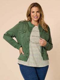 MILITARY DENIM JACKET KHAKI_by_THREADZ_women's_in_New Zealand_ MILITARY DENIM JACKET KHAKI _