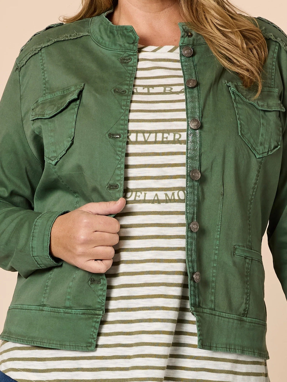 MILITARY DENIM JACKET KHAKI_by_THREADZ_women's_in_New Zealand_ MILITARY DENIM JACKET KHAKI _