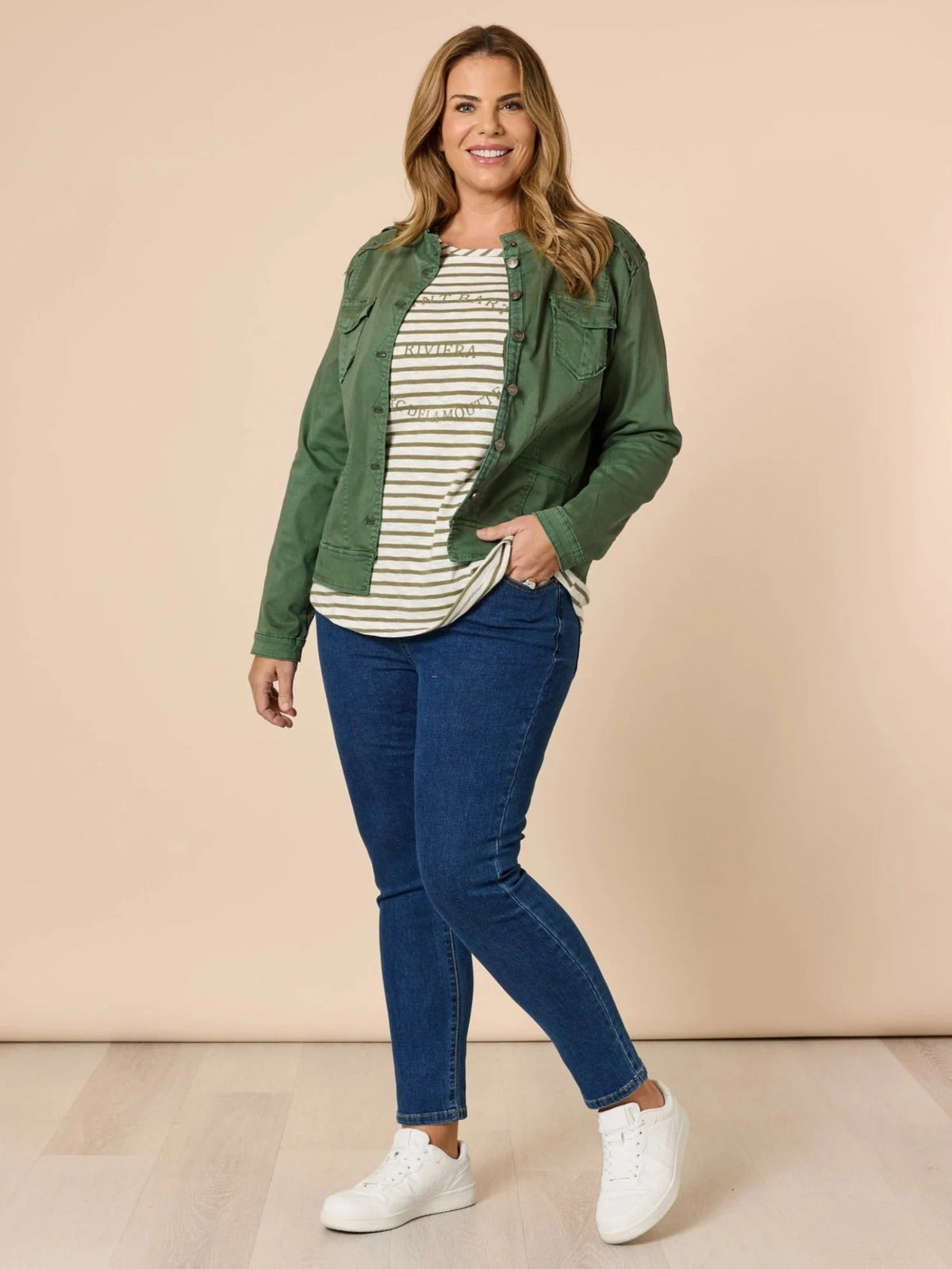 MILITARY DENIM JACKET KHAKI_by_THREADZ_women's_in_New Zealand_ MILITARY DENIM JACKET KHAKI _