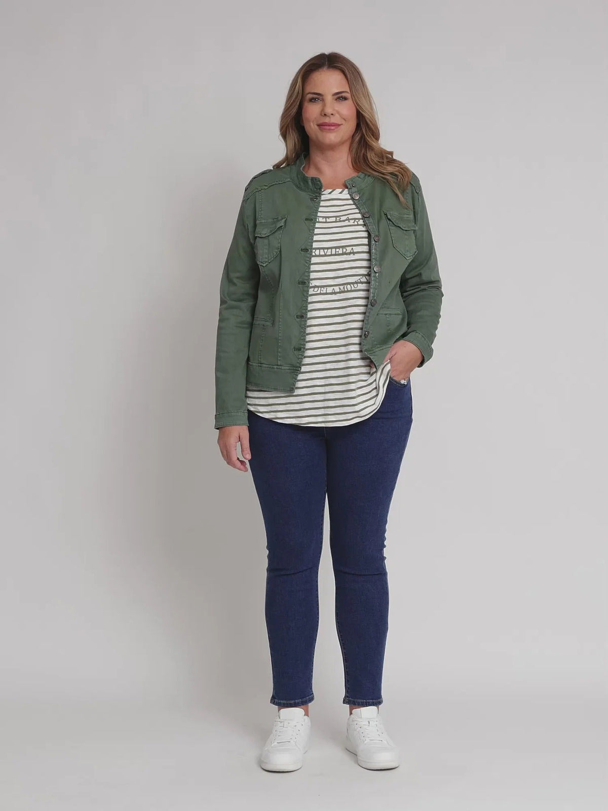 MILITARY DENIM JACKET KHAKI_by_THREADZ_women's_in_New Zealand_ MILITARY DENIM JACKET KHAKI _