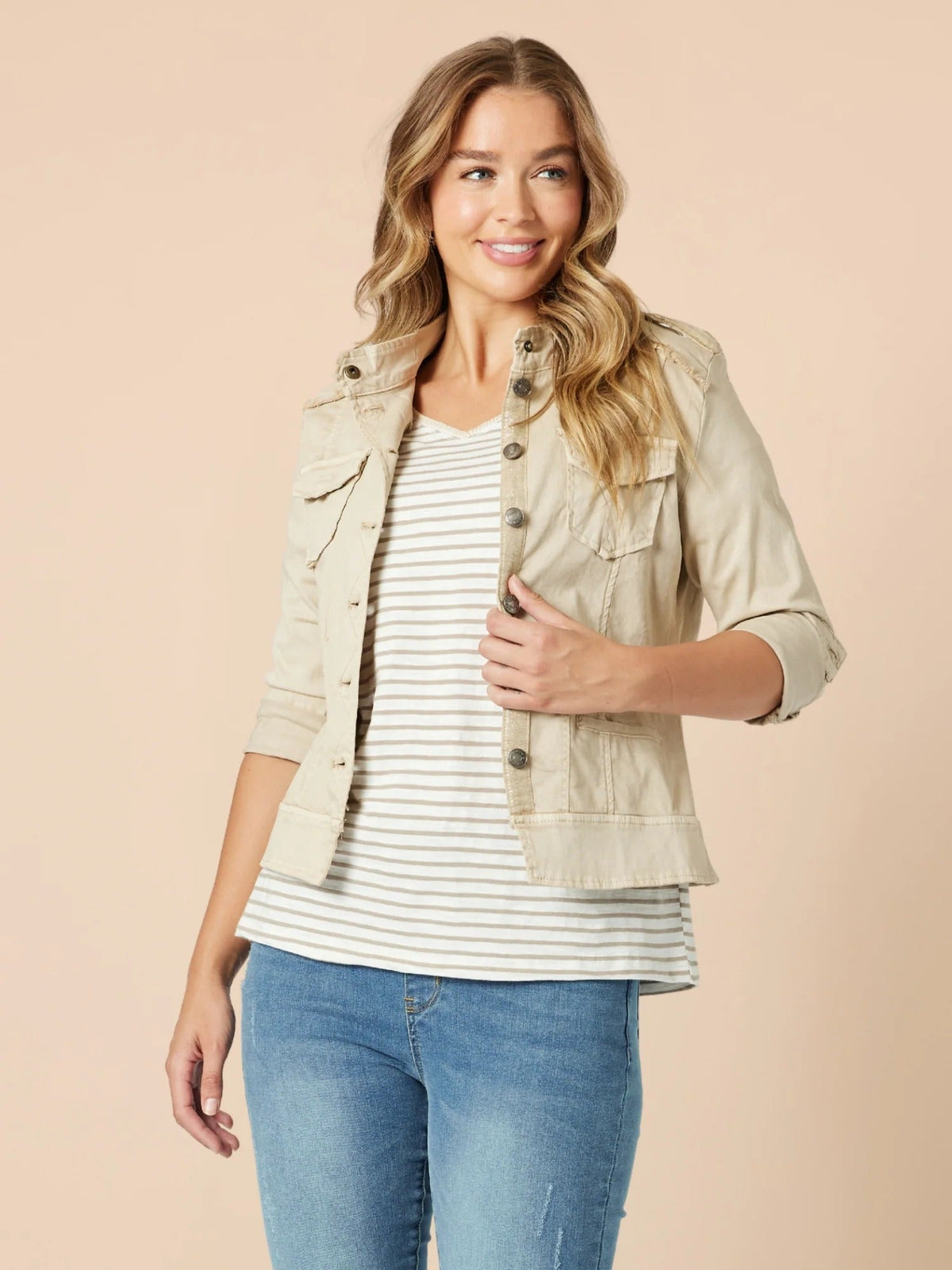 MILITARY DENIM JACKET NATURAL_by_THREADZ_women's_in_New Zealand_ MILITARY DENIM JACKET NATURAL _