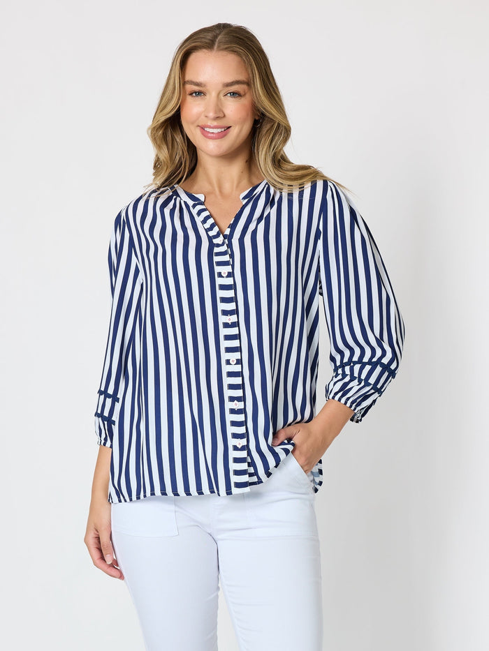 MONTECITO STRIPE PRINT TOP - NAVY/WHITE_by_THREADZ_women's_in_New Zealand_ FEATURED / FRONT _
