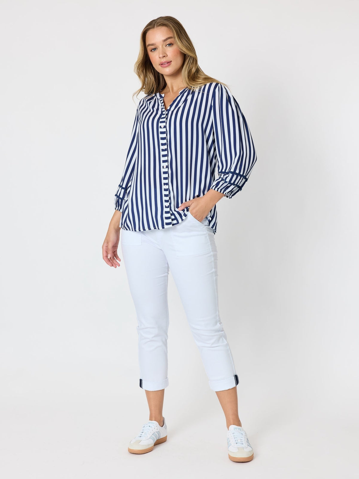 MONTECITO STRIPE PRINT TOP - NAVY/WHITE_by_THREADZ_women's_in_New Zealand_ MODEL _