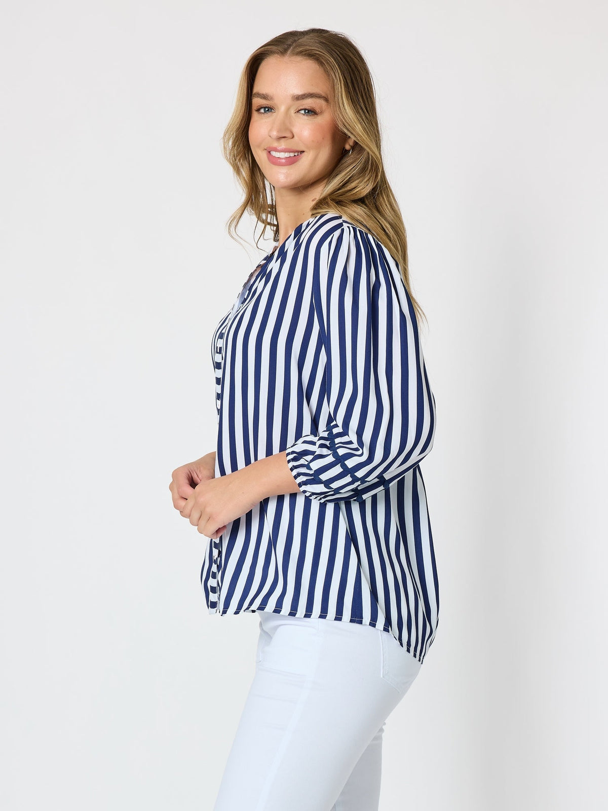 MONTECITO STRIPE PRINT TOP - NAVY/WHITE_by_THREADZ_women's_in_New Zealand_ SIDE _