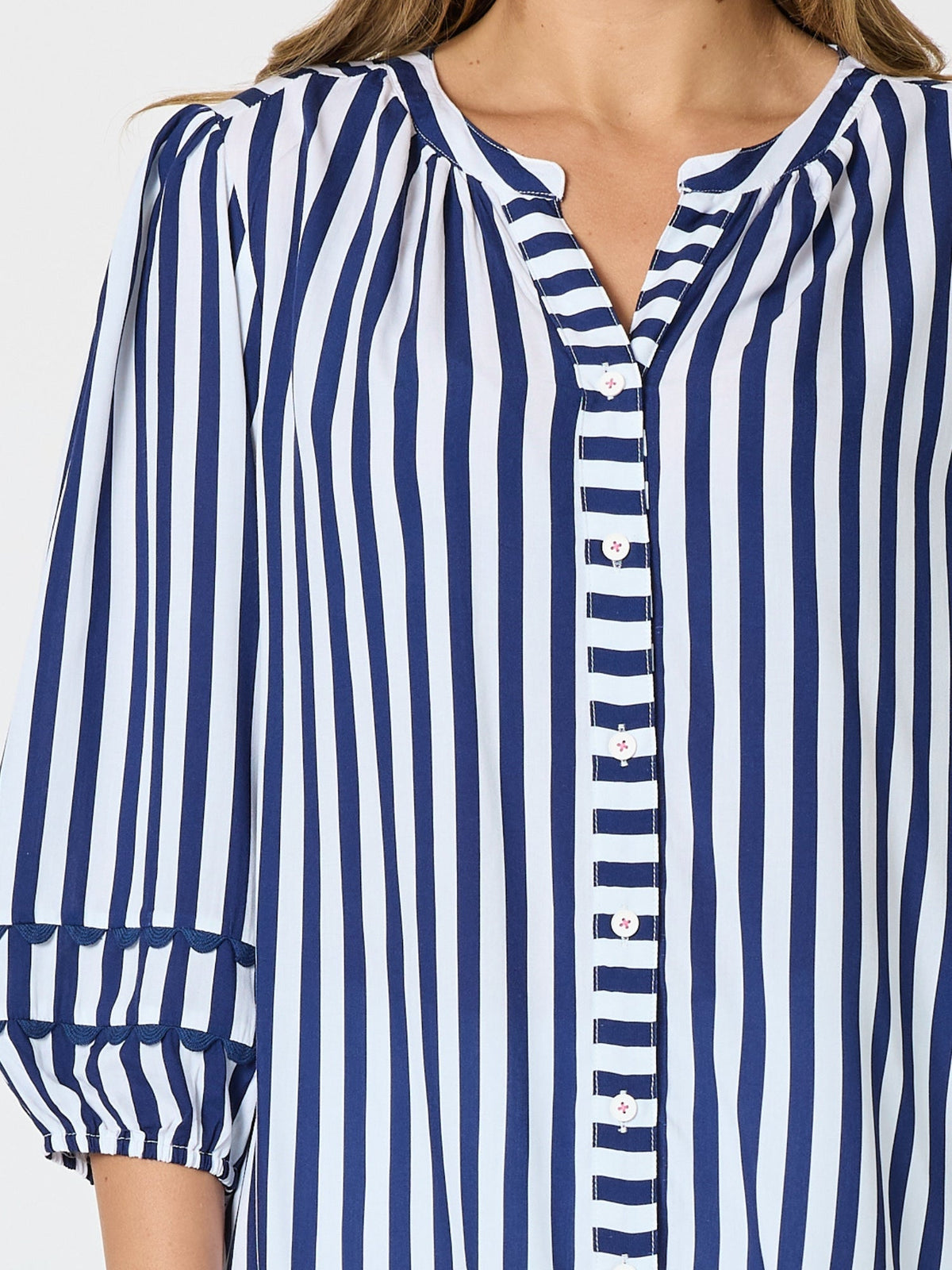 MONTECITO STRIPE PRINT TOP - NAVY/WHITE_by_THREADZ_women's_in_New Zealand_ DETAIL _