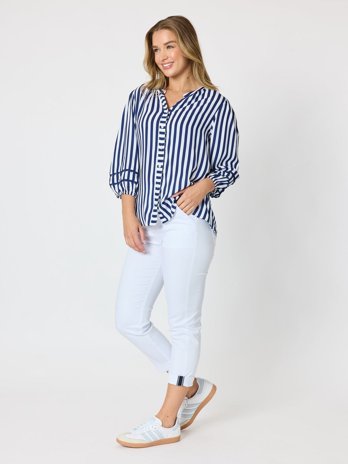 MONTECITO STRIPE PRINT TOP - NAVY/WHITE_by_THREADZ_women's_in_New Zealand_ MODEL _
