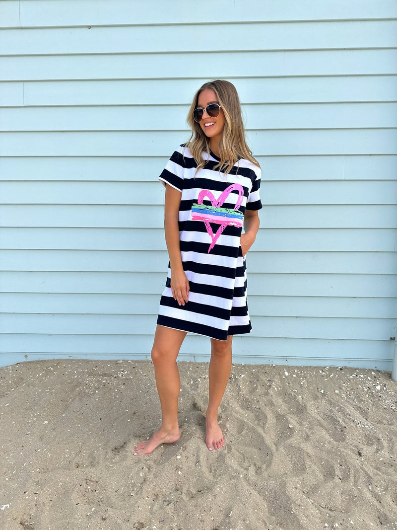 THREADZ_PINK HEART STRIPE DRESS _ PINK HEART STRIPE DRESS _ Ebony Boutique NZ