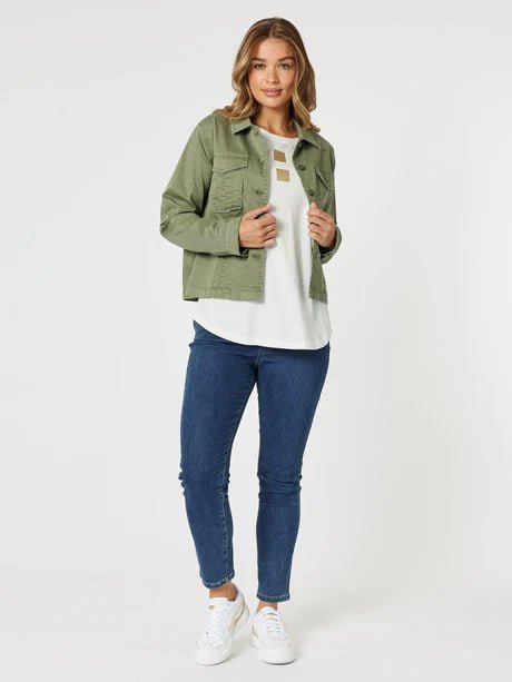 THREADZ_RETRO DENIM JACKET WASHED KHAKI _ RETRO DENIM JACKET WASHED KHAKI _ Ebony Boutique NZ