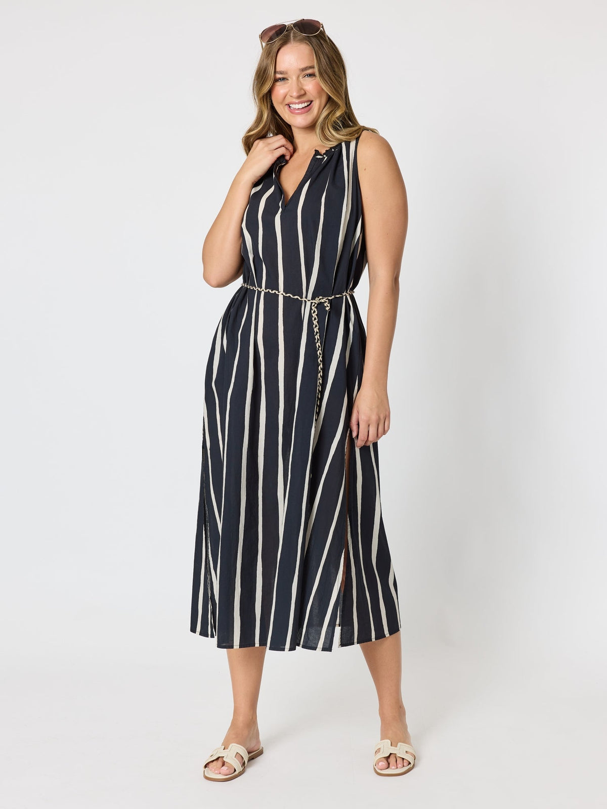 SUNSET SAFARI SLEEVELESS STRIPE DRESS BLACK/IVORY_by_THREADZ_women's_in_New Zealand_ ANGLE _