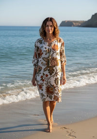 VINES AND SPRINGS_COTTON KAFTAN TAB SLEEVE TIE FRONT AUTUMN FLORAL _ COTTON KAFTAN TAB SLEEVE TIE FRONT AUTUMN FLORAL _ Ebony Boutique NZ
