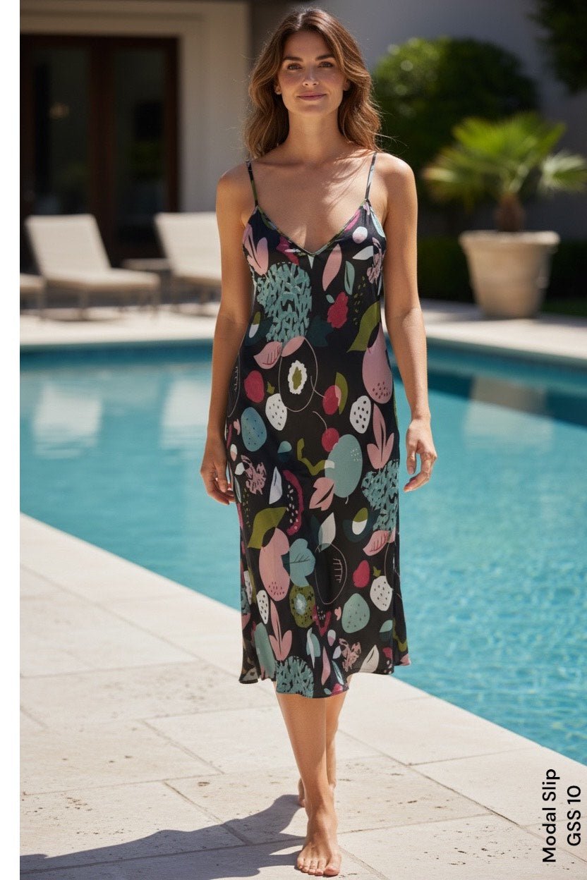 VINES AND SPRINGS_MODAL SATIN SLIP DRESS BLACK MULTI _ MODAL SATIN SLIP DRESS BLACK MULTI _ Ebony Boutique NZ