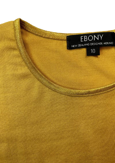 EBONY_WOMENS 100% MERINO (210) LONG SLEEVE SATIN CREW TOP GOLD _ _ Ebony Boutique NZ