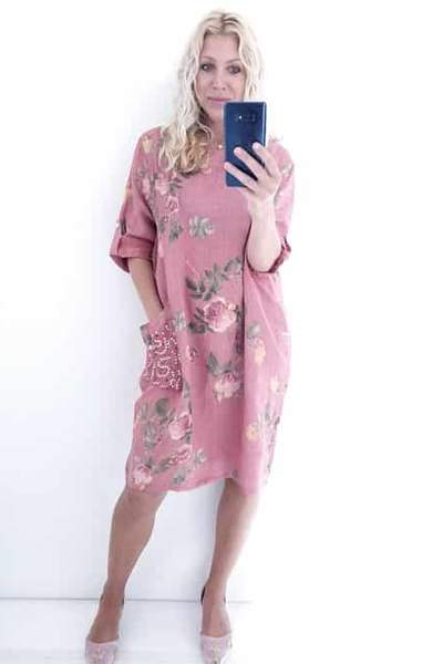HELGA MAY_SEQUIN DETAIL DRESS BRICK PINSTRIPE _ _ Ebony Boutique NZ