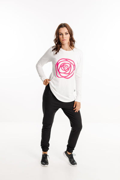 ROSE ROAD_HARPER LONG SLEEVE TEE WHITE WITH NEON PINK ROSE _ _ Ebony Boutique NZ