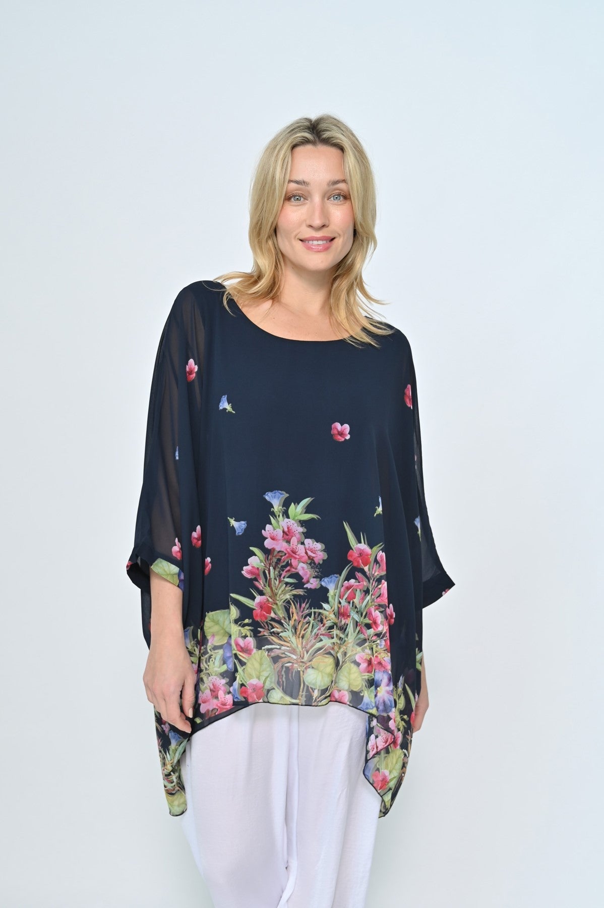 Floral Chiffon Top Lightweight with Length AE Luxe Chiffon Ebony Boutique NZ